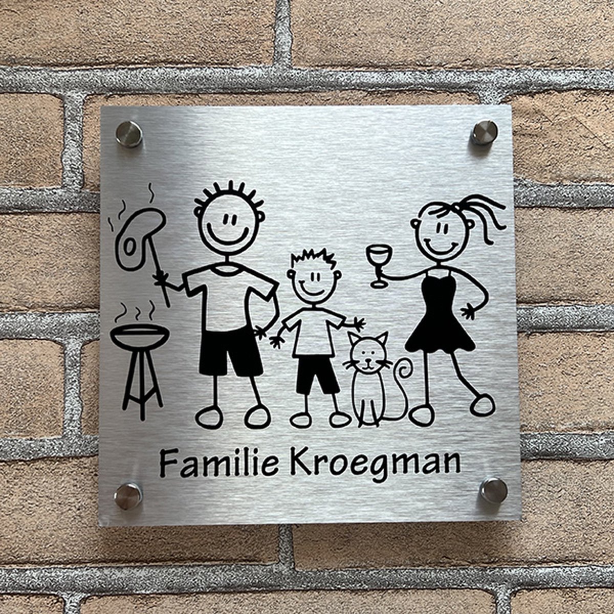 Naambordje Familie - RVS - 20 cm x 20 cm - kies zelf je figuurtjes - compleet pakket