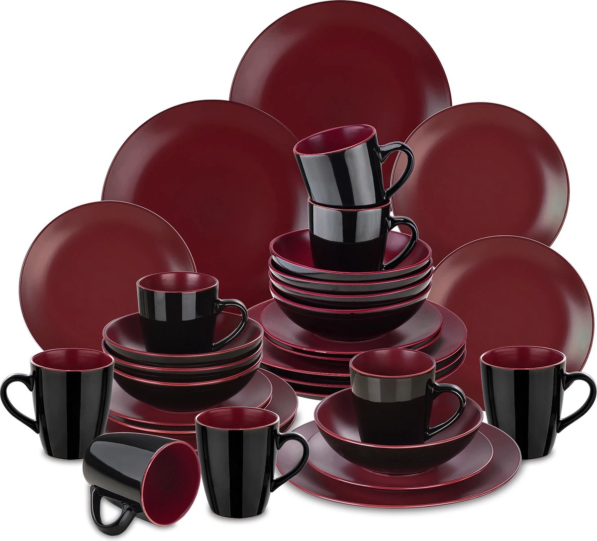 Luxe Serviesset – 32 delig – 8 persoons – Porselein - Bordenset – Dinner platen – Dessertborden - Kommen - Mokken - Zwart & Berry Rood