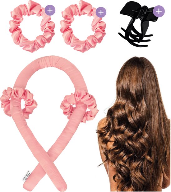 Foto: Soft silky heatless curls satin incl 2 scrunchies en 1 haarklip haarrollers krulspelden krullen zonder hitte haarkruller krullend haar producten