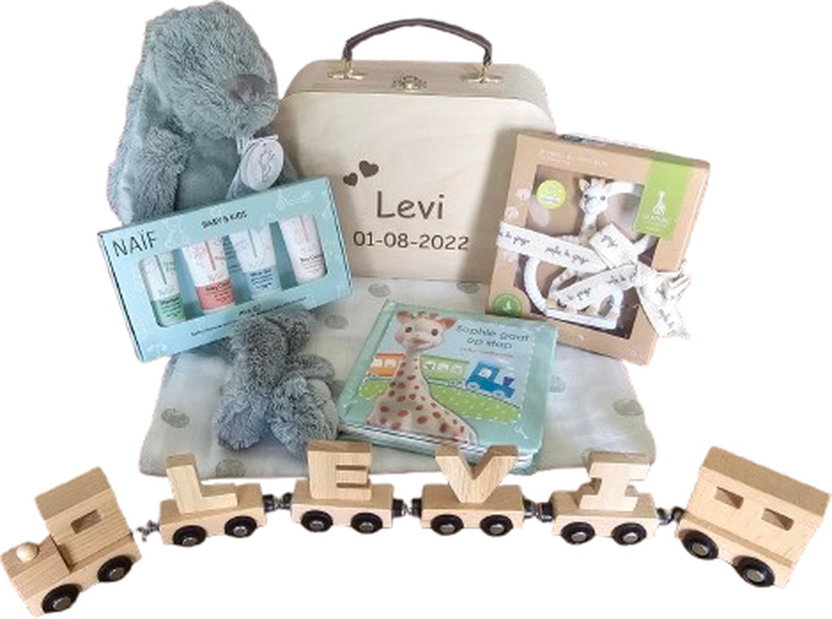 Goedkoopste Gepersonaliseerd luxe kraamcadeau-kraampakket-geschenk-neutraal-zwanger-geboortecadeau-jongen-meisje-baby-naam-geboortedatum-naamkoffer-Sophie de Giraf-Happy Horse-Naïf--Lettertrein