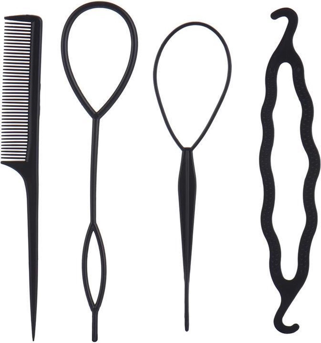 Scoby - Haarstyling Set - Haar accessoires - Haartools - Puntkam - Haarlus - Kappers accessoire - 4 Stuks - Zwart