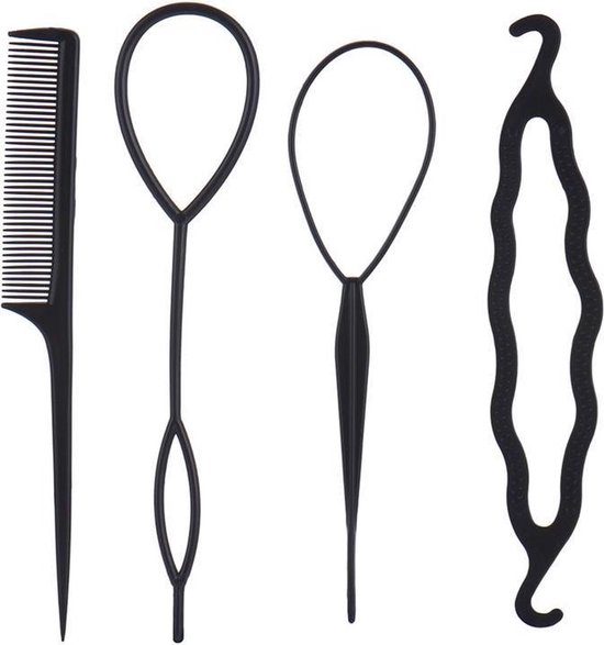 Zwarte haarstyling tools: puntkam, twee haarlussen en een haarvlechtmaker.