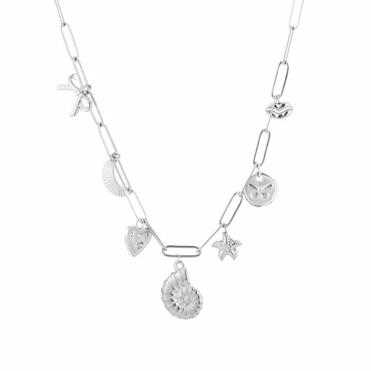 Bedelketting zilver charms zeester schelp hart - ketting waterproof sieraden waterproof nikkelvrij dames stainless steel