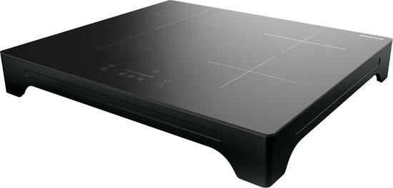 Plaque à induction noire avec quatre zones de cuisson et panneau de commande à l'avant.