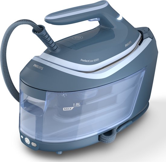 Donkerblauwe Philips PerfectCare 6000 serie stoomgenerator met doorzichtig 1.8L waterreservoir.