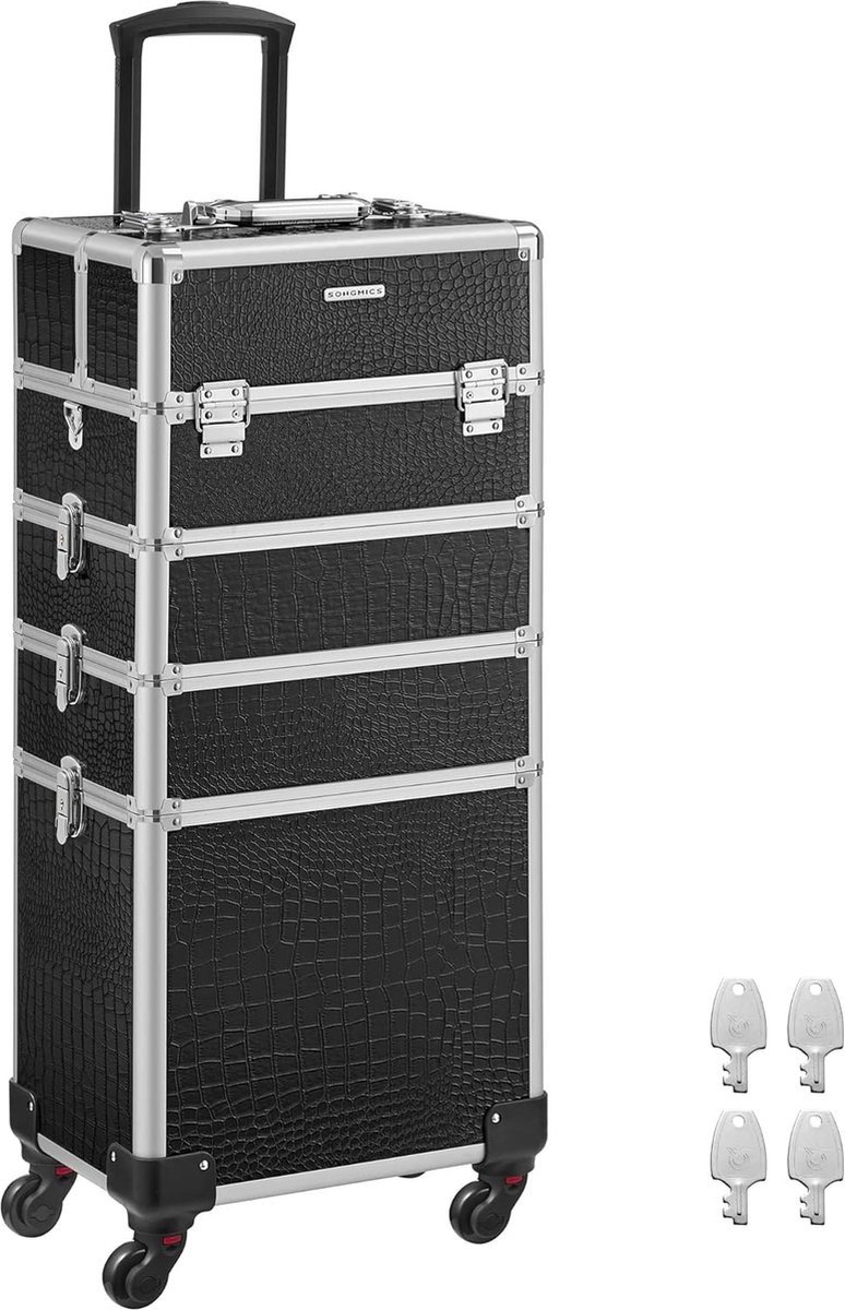 XXL Cosmetica koffer - professionele make-up koffer 6 sleutels - koffer voor op reis - grote trolley voor kappers - afsluitbaar - met 360 ° roterende - zwart, zwart HMTM-MC-30013
