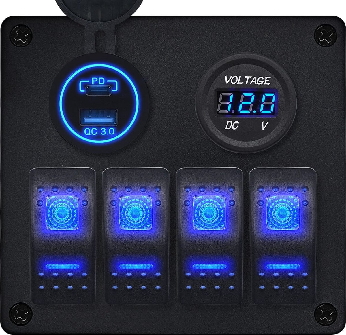ProRide Schakelpaneel 12V voor Auto/Boot - USB Lader 2 poorten met Voltmeter - QC3.0 - 4 Schakelaars
