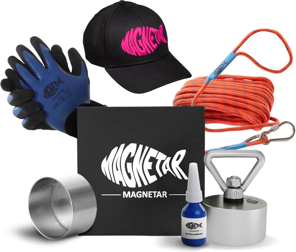 Magnetar Hardcore Pakket Vrouwen - Vismagneet - Allround 360° 600kg Magneet - Touw, Handschoenen en Roze Pet - Magneetvissen