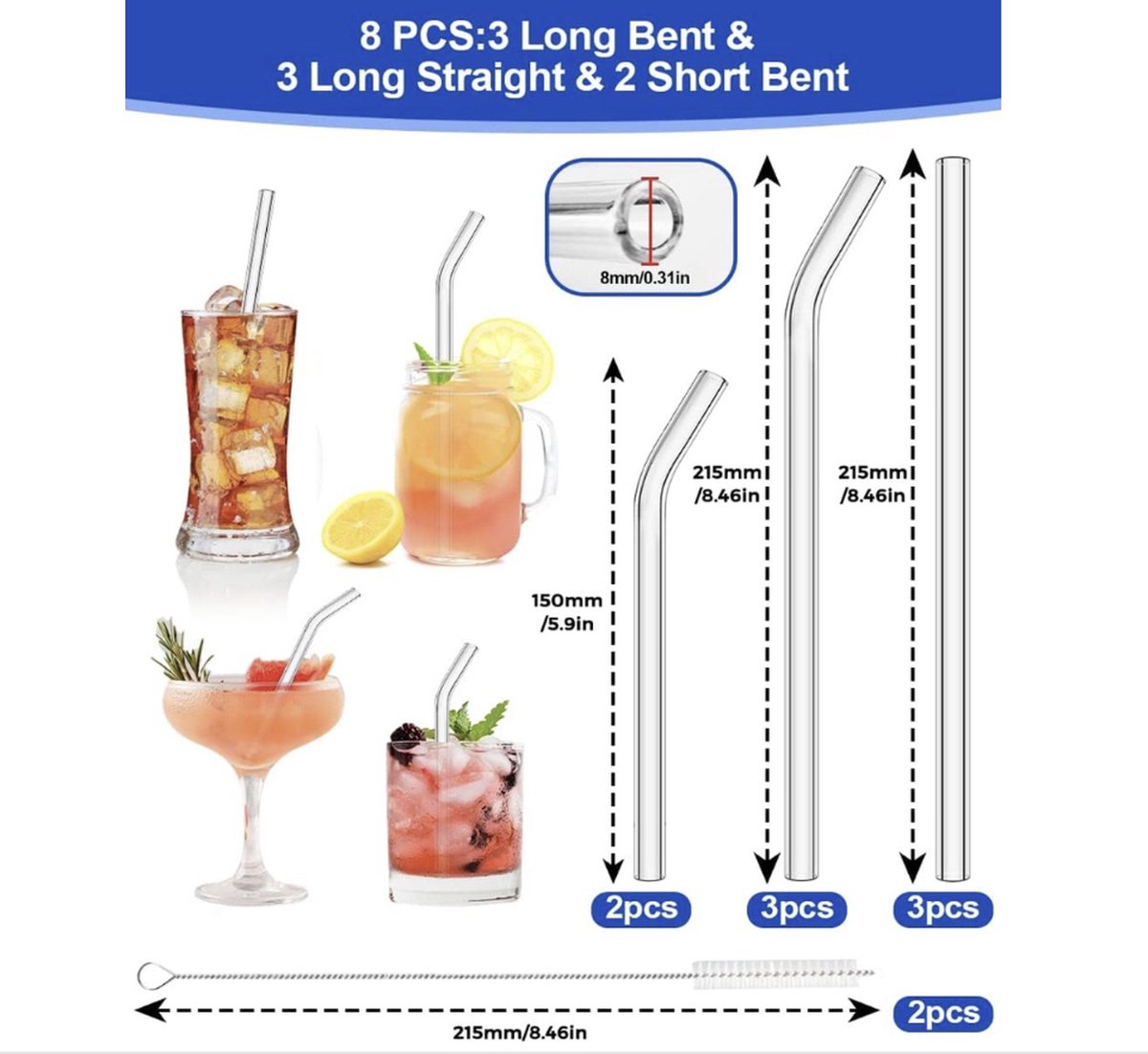 Set van 8 herbruikbare glazen riet, 4 gebogen en 4 rechte glazen rietjes met 2 reinigingsborstels, kleurrijke glazen rietjes voor cocktails, smoothies, bubble tea