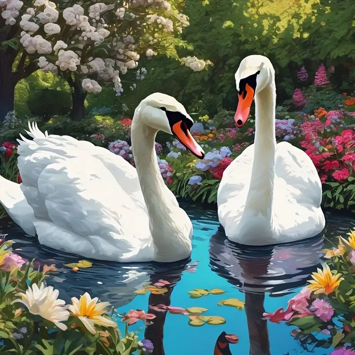 Diamond painting set Zwanen In Bloemen Water 20x20cm