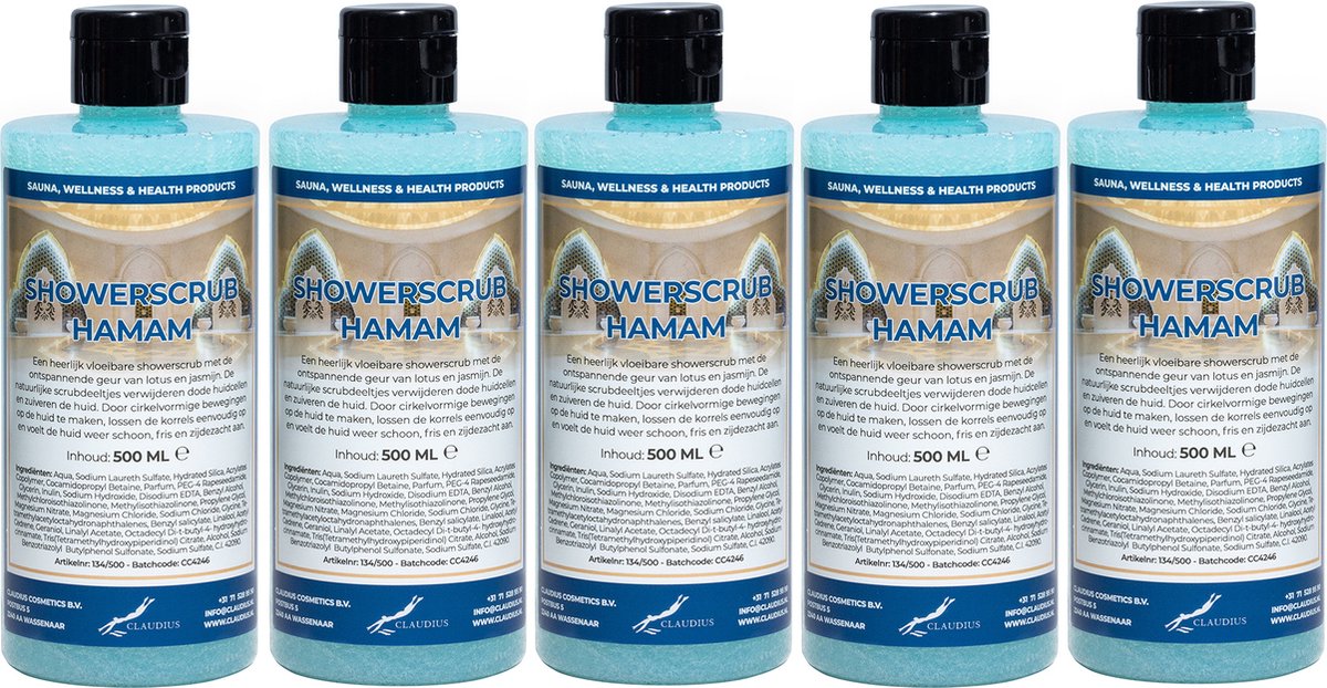 Goedkoopste Showerscrub Hamam 500 ml - set van 5 stuks - verfrissende scrubgel - exfoliërende bodyscrub