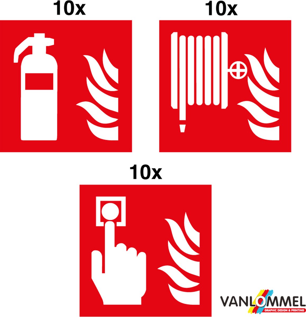 Pictogrambord Set – Brandblusser, Brandmelder & Brandhaspel – ISO 7010 – 100 × 100 mm – 3×10 stuks – Polystyreen 2 mm – Voor binnengebruik