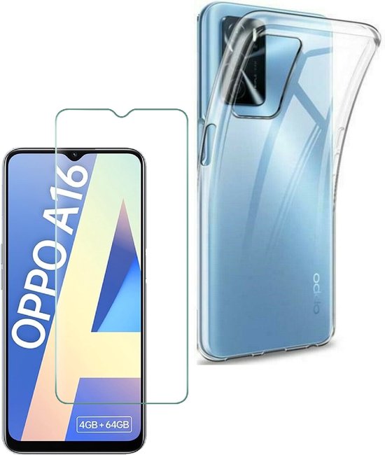 Téléphone Oppo A16 avec protecteur d'écran et une coque transparente à côté.