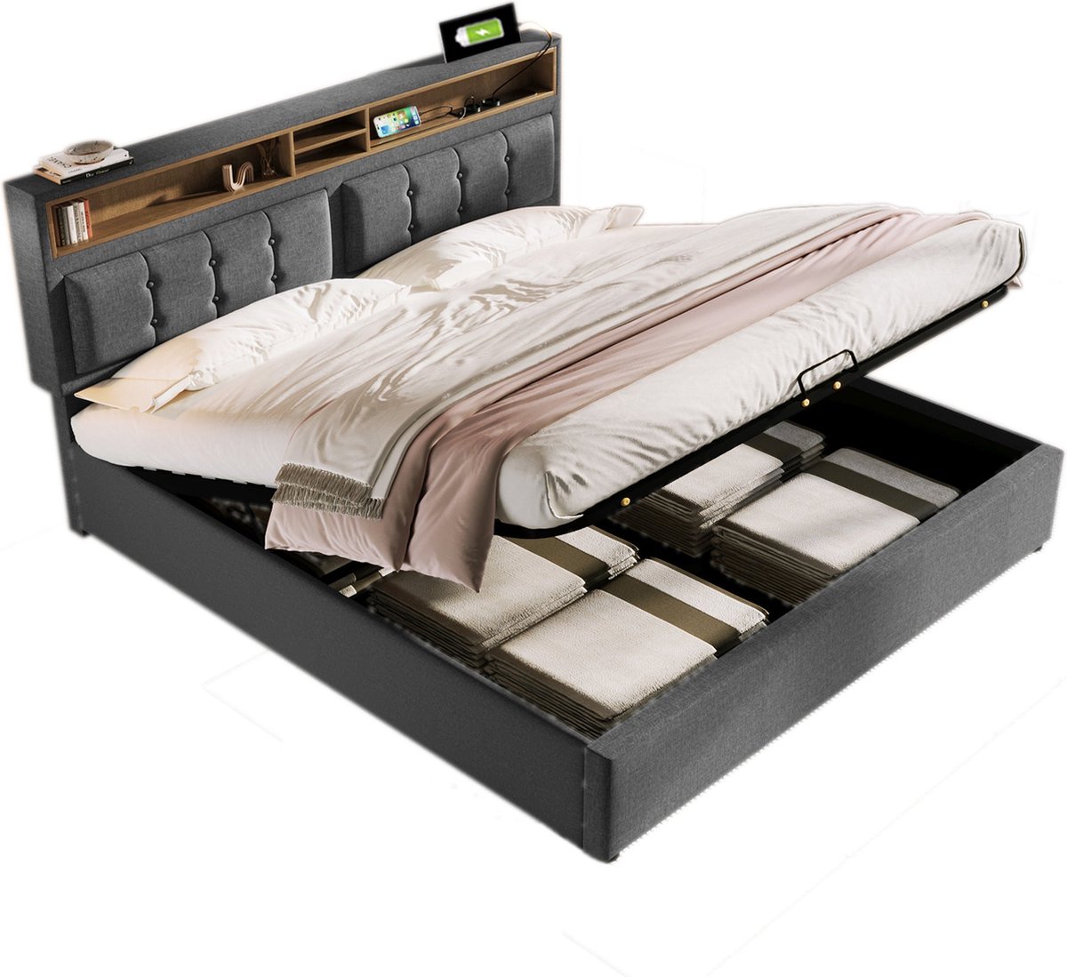 Merax Gestoffeerd Bed met Verstelbaar Hoofdbord en USB C Oplaadfunctie - 140 x 200 cm - Grijs - Met Lattenbodem - Zonder Matras