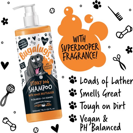 Bugalugs - Shampoo voor stinkende honden met geurneutralisator - Alle vachttypes - Fles met pompje - Vegan - 500 ml