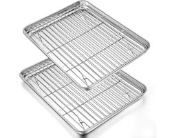 Large Rectangular Stainless Steel Baking Tray with Cooling Grid Set - Oven Plate with Cooling Rack for Baking - 40.3 x .