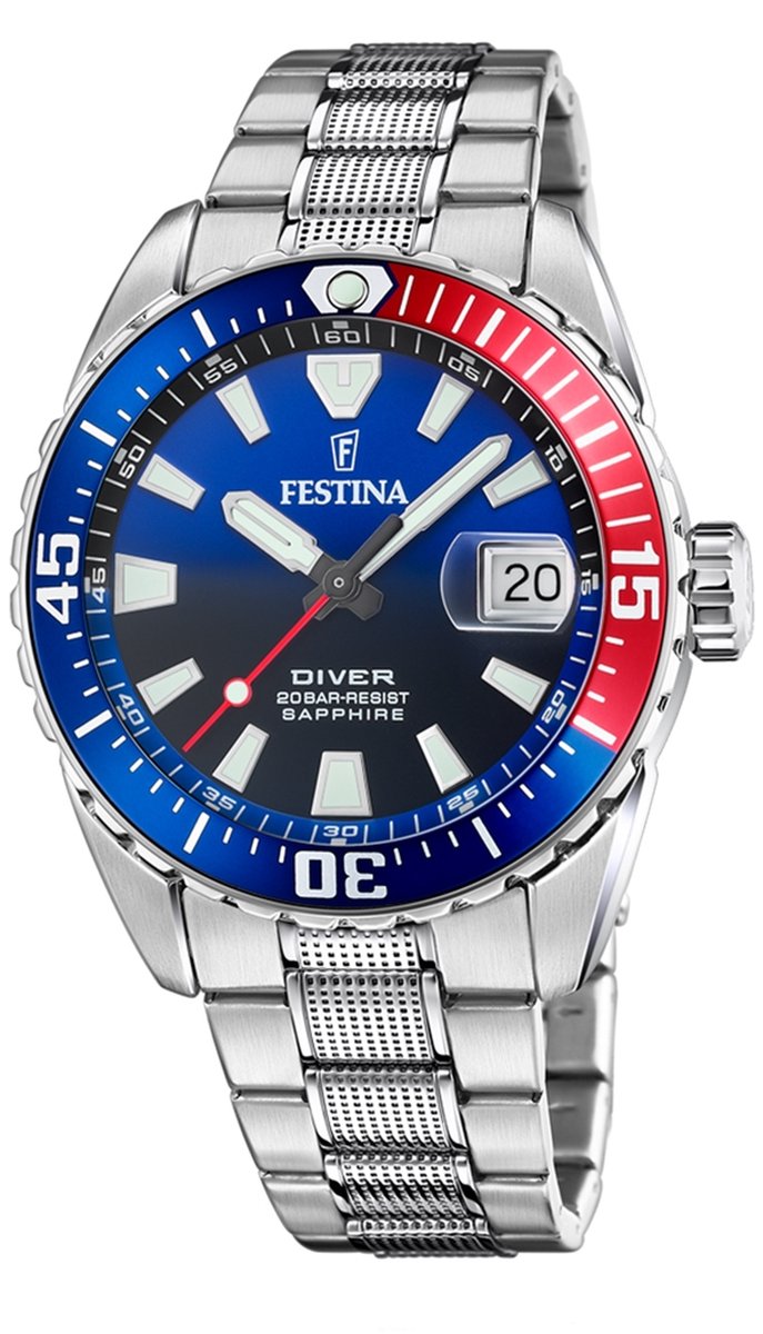 Festina F20669-4 Heren Horloge - Mineraalglas - Roestvrijstaal-Staal - Zilverkleurig - Ø 41 mm - Quartz - Vouw-Vlindersluiting - 20 ATM (duiken)