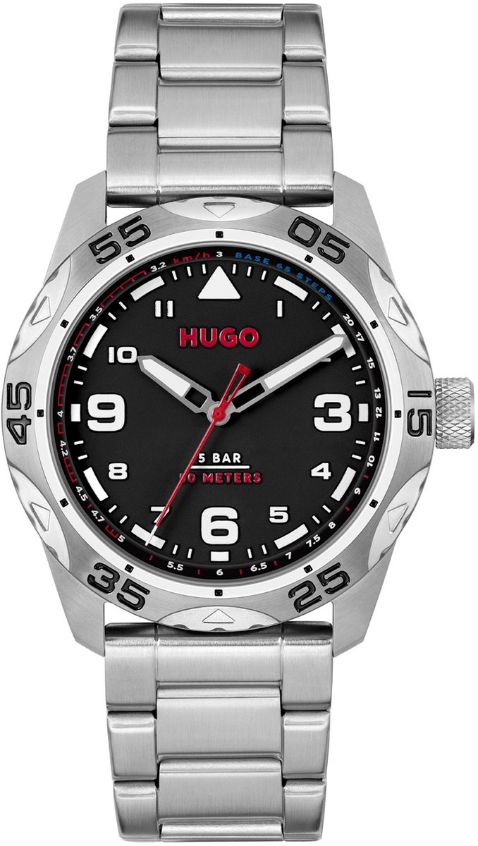 HUGO HU1530332 #TREK Heren Horloge - Mineraalglas - Staal - Zilverkleurig - 42 mm breed - Quartz - Vouw-Vlindersluiting - 5 ATM (douchen)