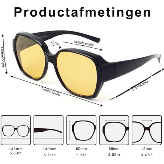 Afmetingen van de zwarte bril met gele glazen, inclusief breedte en lengte.
