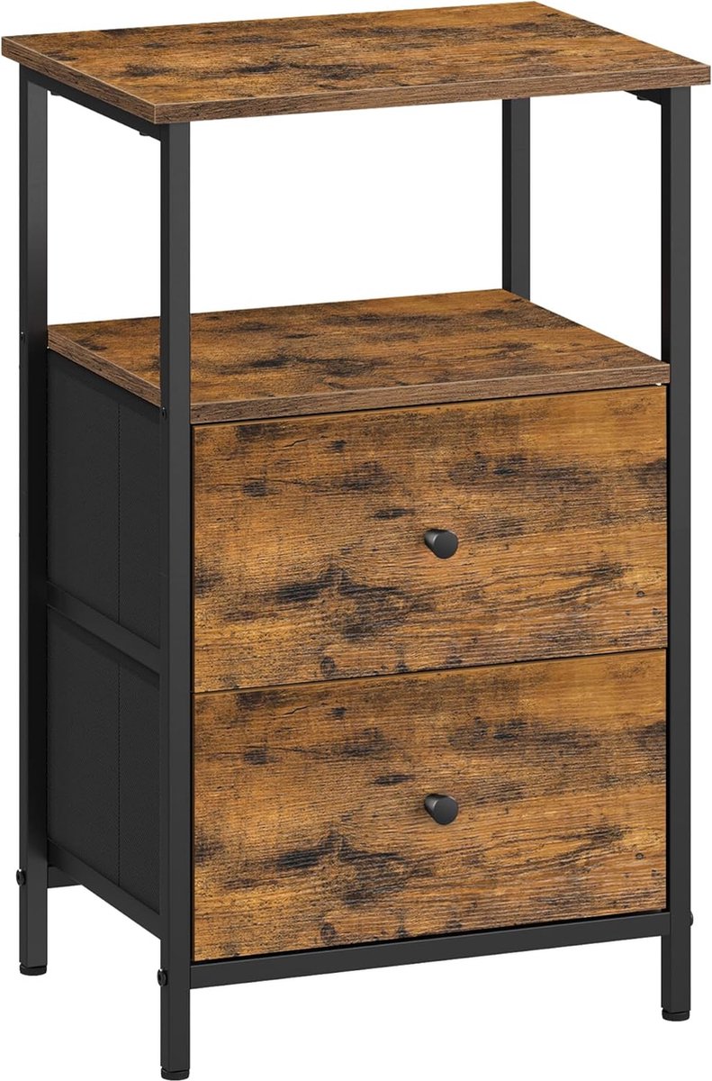 FurnStar - Nachtkastje - Bijzettafel met 2 stoffen laden - Salontafel met planken - 61 cm hoog - Voor woonkamer - Slaapkamer - Rustiek Brown, Ink Black, Matte Black