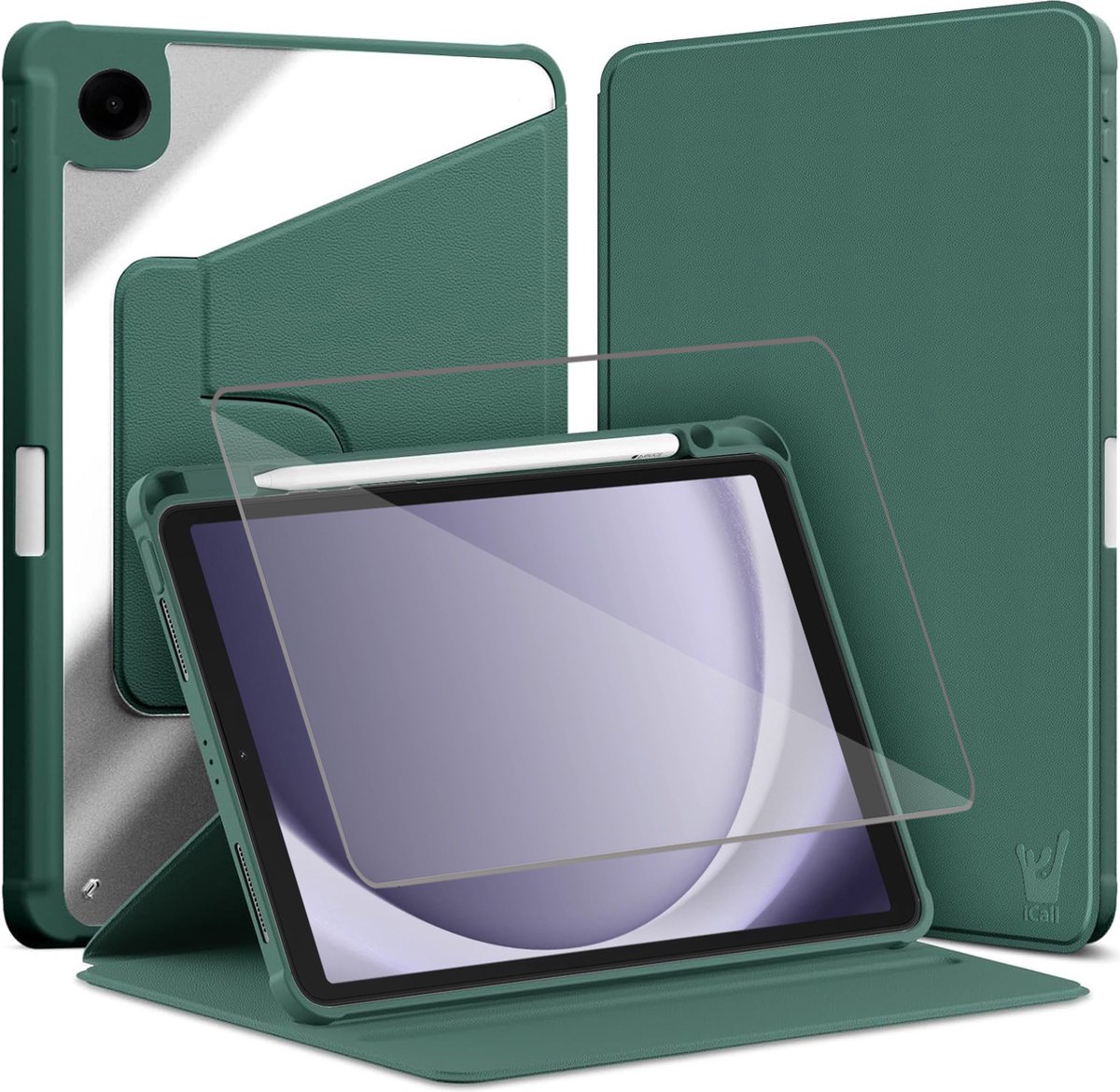 Hoes met Screenprotector geschikt voor Samsung Galaxy Tab A9 / Tab A11 - Book Case Premium Sleep Cover Kunstleer 360 Graden Draaibaar met Auto/Wake Functie en Pencilhouder - Groen