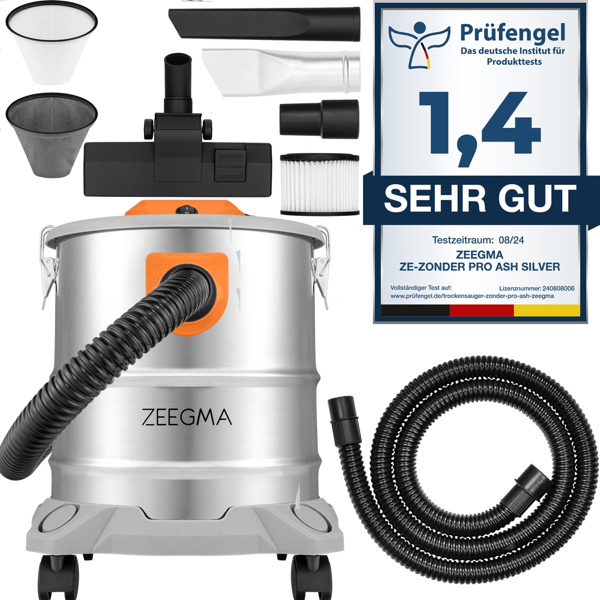 Zeegma Zonder PRO ASH - Stofzuiger voor as en puin - 1600 W - 20L - industriële stofzuiger - roestvrijstalen container - HEPA-filter - blaasfunctie 5 m snoer