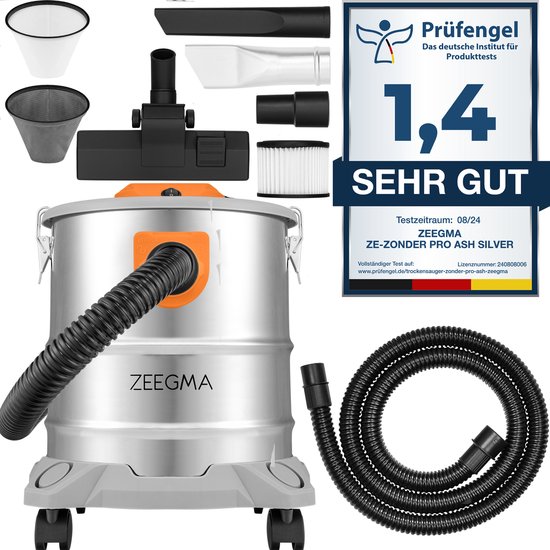 Zeegma Zonder PRO ASH - Stofzuiger voor as en puin - 1600 W - 20L - industriële stofzuiger - roestvrijstalen container - HEPA-filter - blaasfunctie 5 m snoer