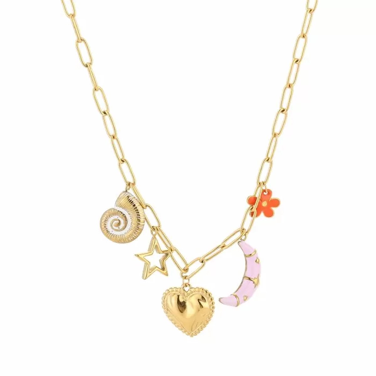 Bedelketting goud - maan bloem schelp hart ster - kleurrijk stainless steel dames
