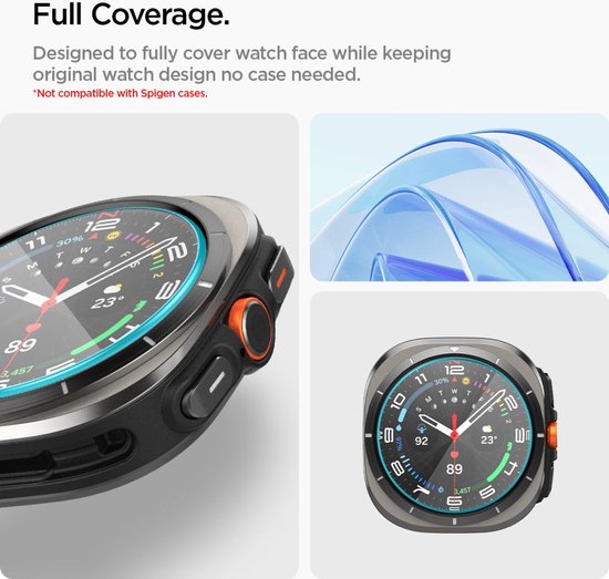Close-up van smartwatch met oranje bandje. Details van de wijzerplaat.