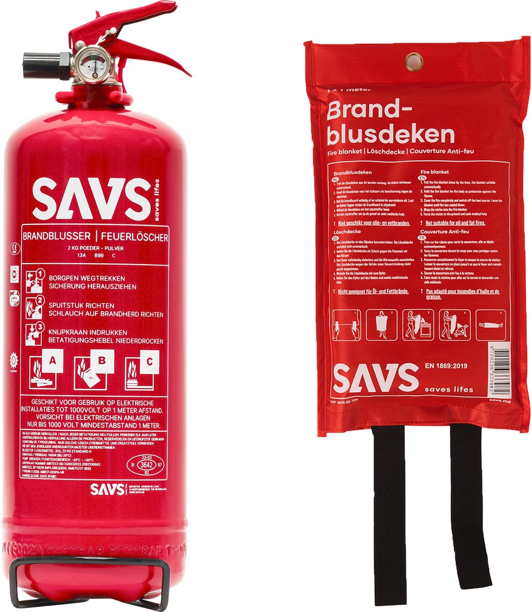 SAVS Brandblus box - Poeder middel - Brandblusser poeder 2 kg & Blusdeken 100x100cm - Blusrating 13A 89B C - Met montagebeugel & ophangoog - Ook voor auto, boot, caravan of camper - Poederblusser & Branddeken voor o.a. thuis & keuken