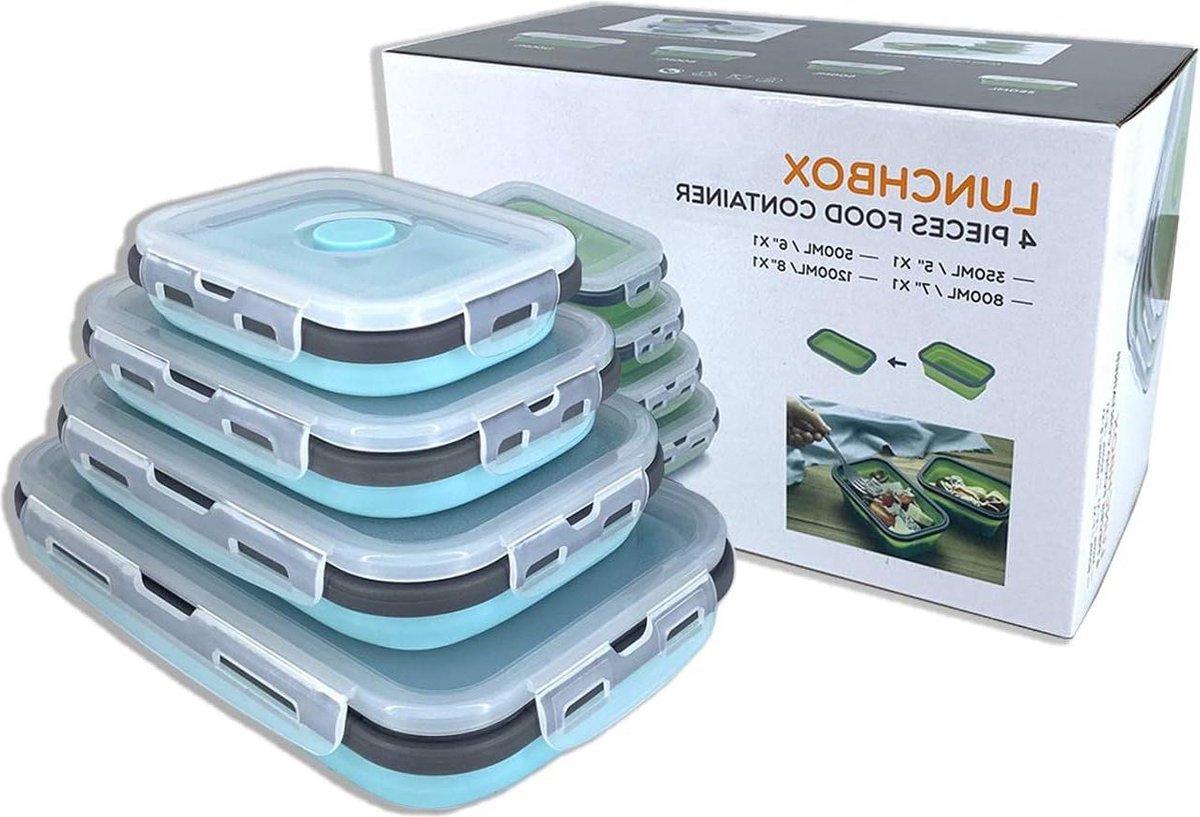 Opvouwbare Silicone Voedselopslagcontainer met Deksel Draagbare Lunch Bento Box Outdoor Picknick Box Ruimtebesparend Magnetron Vaatwasser en Vriezer Veilig Set van 4 Blauw Grijs