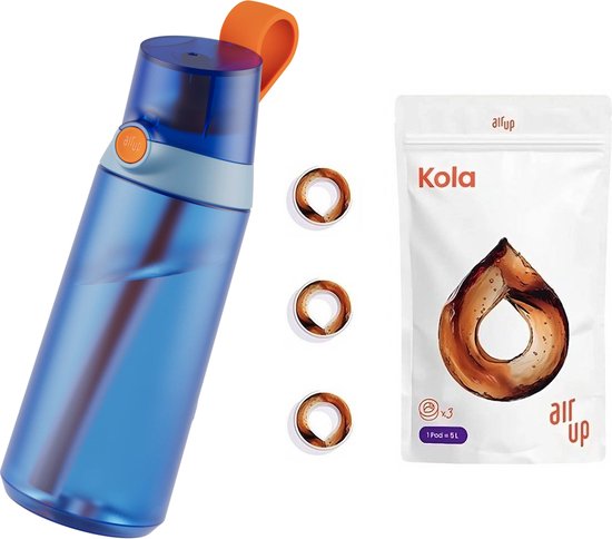 Foto: Air up drinkfles mini sipper blauw 600 ml starterskit fles voor kind speciaal voor kinderen ook voor volwassenen inclusief 3 pods 3 smaken cola 3x kola