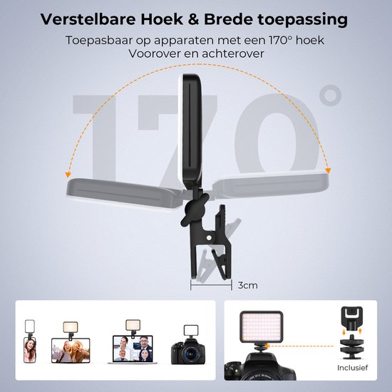 LED-videolamp met verstelbare hoek van 170 graden, clipbevestiging, telefoonclip en 1/4 inch schroefadapter.