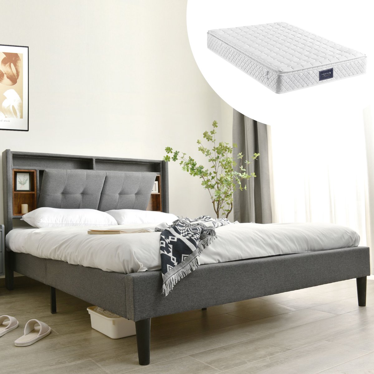 Merax Gestoffeerd Tweepersoonsbed 140x200cm met 7-Zones Koudschuim Matras - Bed met USB-Aansluiting - LED-Verlichting en Opbergruimte - Grijs
