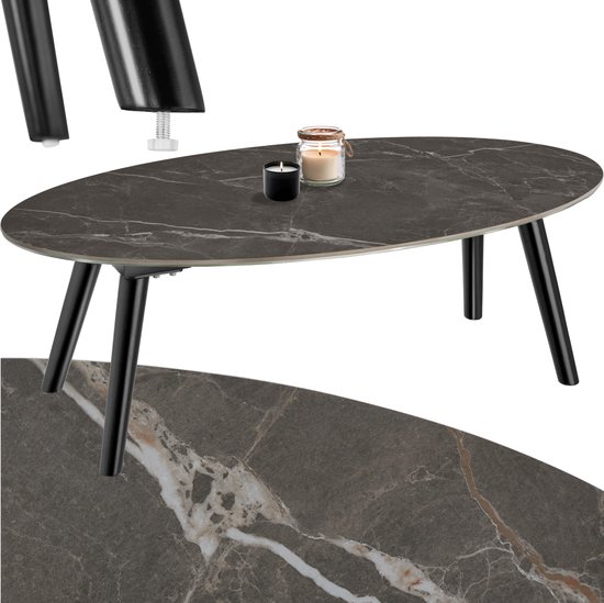 Table basse tectake® | Table de salon, table basse ovale avec Pieds en bois | Aspect marbré | Table d'appoint résistante aux intempéries pour salon, terrasse, Jardin ou balcon - Naturel