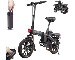 DYU A5 elektrische fiets - 48V 7,5Ah - 250W-motor - 14 inch banden - 3 rijmodi - Draadloze sleutel - Verwijderbare batterij - Slim LCD-display - Met trapondersteuning - Opvouwbare elektrische fiets - Zwart