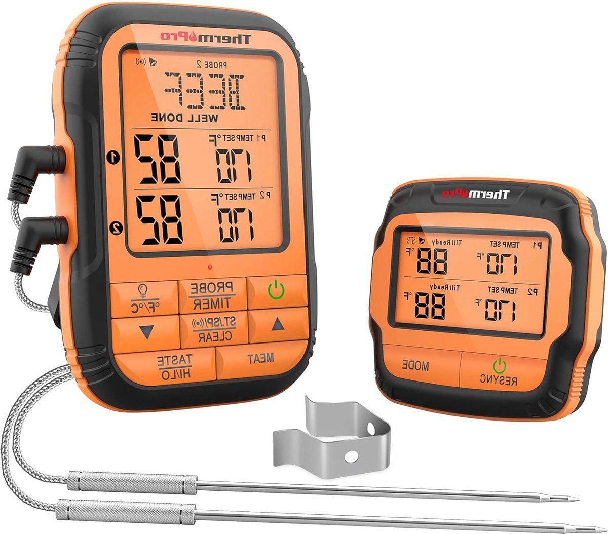 Vleesthermometer draadloze thermometer 150m bereik 2 sondes keukenklok braadthermometer IPX4 waterdicht oven gasgrill