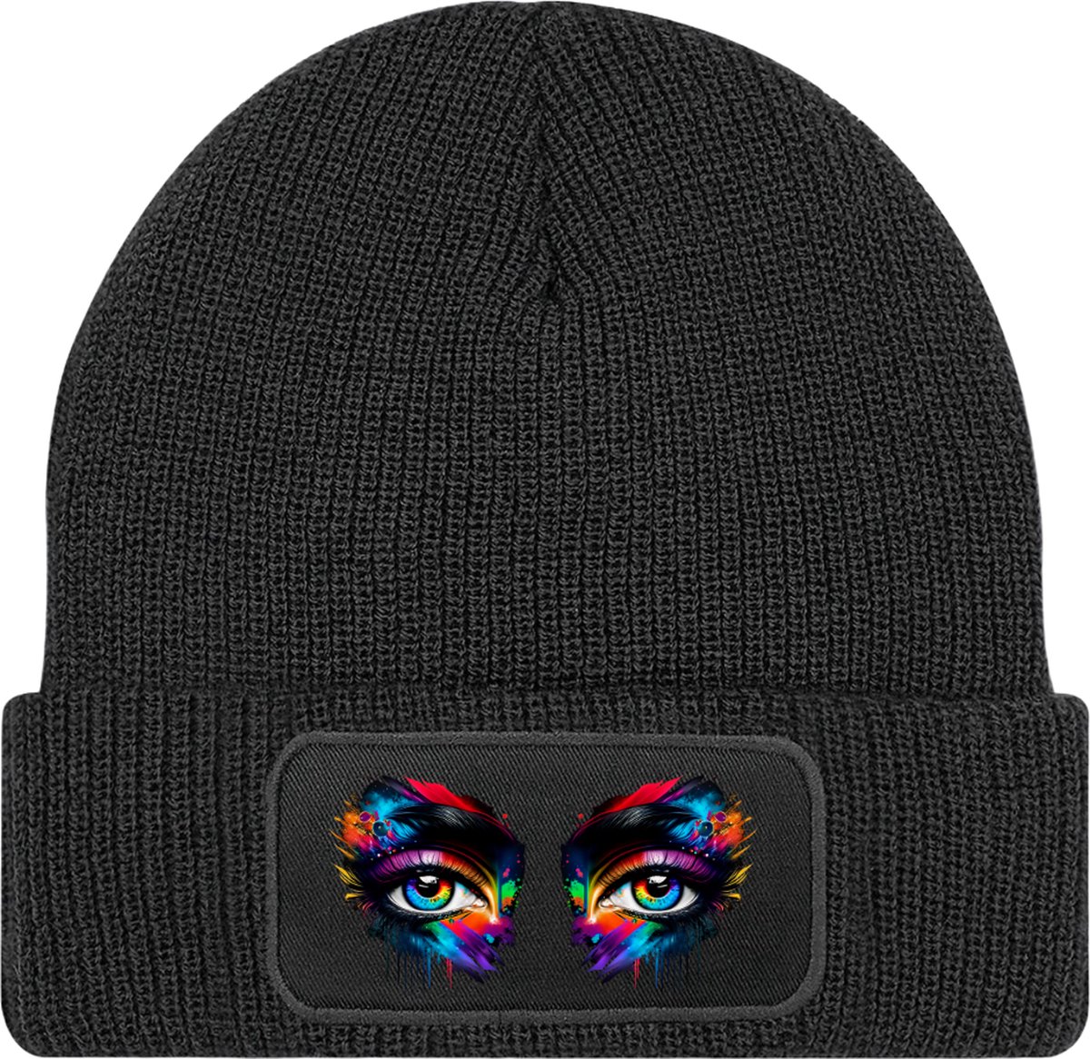 Muts met tekst - Zwart - 100% Soft-Touch acrylic - Ogen