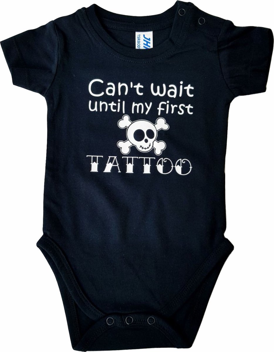 Zwarte romper met "Can't wait until my first tattoo" - 9 maanden - babyshower, zwanger, cadeautje, kraamcadeau, grappig, geschenk, baby, tekst, bodieke