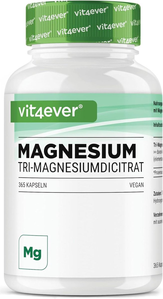 Magnesium citraat - 365 capsules - 2250mg davob 360 mg elementair magnesium per dagelijkse portie - 100% tri-magnesium citraat zonder toevoegingen - Hoog gedoseerd - Veganistisch | Vit4ever