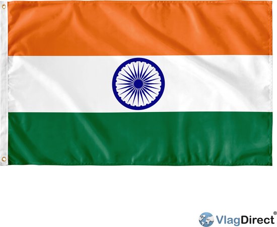 De Indiase vlag met de kleuren oranje, wit en groen, met in het midden een blauw wiel, aan de zijkant met ringen.