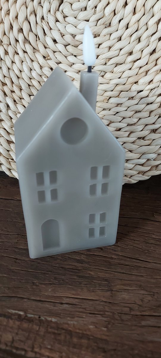 LED kaars huis M grijs 6,5x7,5x16cm