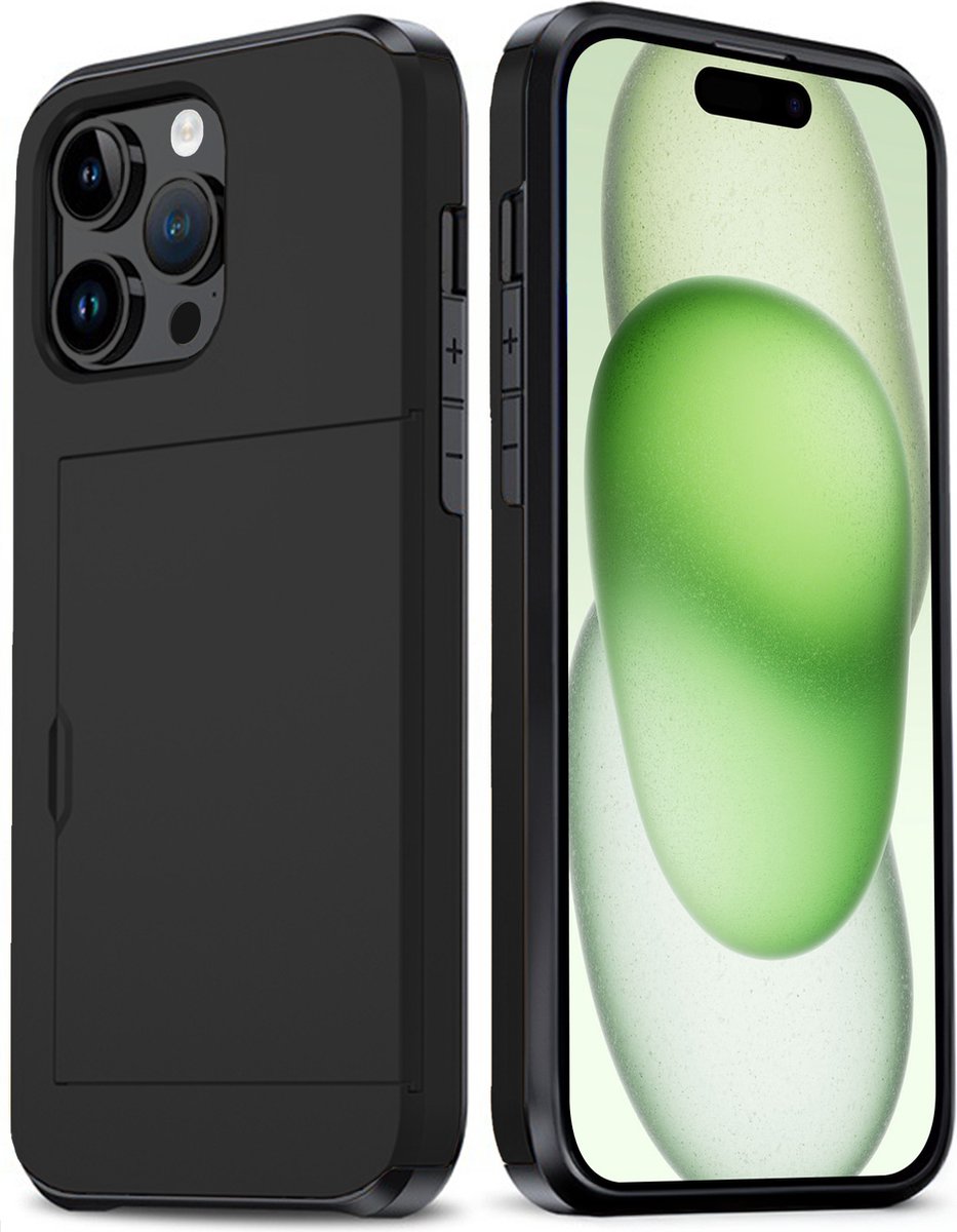 Hoes Geschikt voor iPhone 15 Pro Max Hoesje Hard Case Met Pas Houder - Hoesje Geschikt voor iPhone 15 Pro Max Hoes Shockproof Hard Cover Met Kaarthouder - Zwart