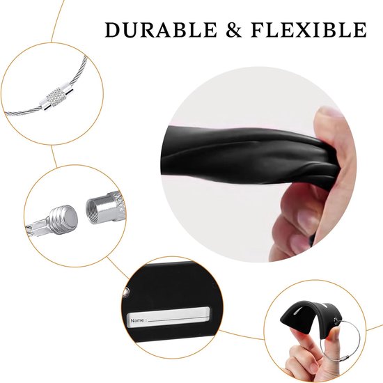5-Pack siliconen bagagelabel voor koffers met roestvrijstalen lus, privacybescherming, reisbenodigdheden met labels - zwart