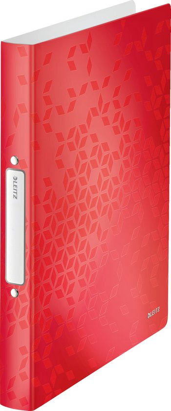 Chemise rouge Leitz avec un motif géométrique.