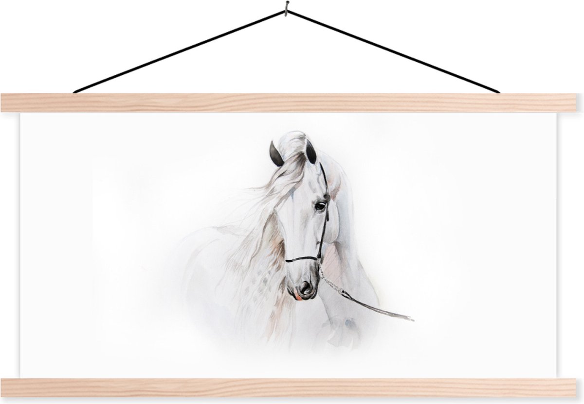 Schoolplaat kinderen - Muurdecoratie kinderkamer - Paard - Waterverf - Dieren - Wit - Schoolplaat paard - 90x45 cm