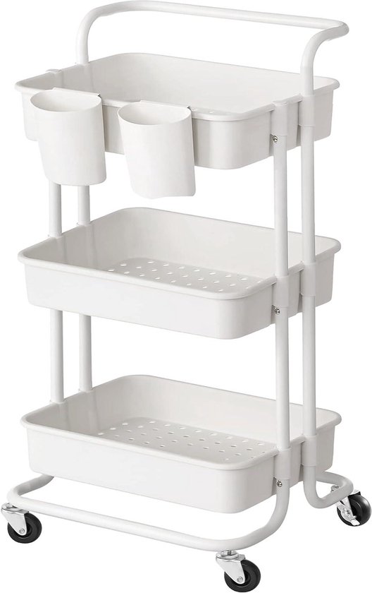 HOMCOM Bijzetwagen Met 3 Manden En Wielen Keukentrolley Opbergwagen Transport Verstelbare Klemmen 4 Zwenkwielen Wit 408x335x605cm Aosomnl