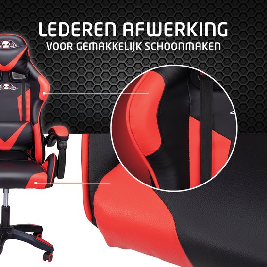 No Fear Gaming Stoel - Game Stoel met Nek- en Onderrugkussen - Ergonomische Bureaustoel in Hoogte Verstelbaar 46 tot 56cm - Gamestoel Rood/Zwart