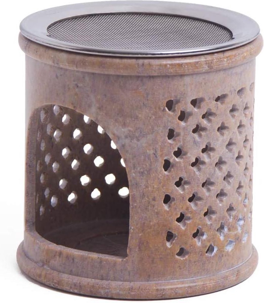 Wierookbrander BOMBAY met roestvrijstalen zeef - FAIR TRADE - Speksteen met stermotief - H: 9 cm Ø 9 cm - HTML content toegevoegd wierookbrander met zeef
