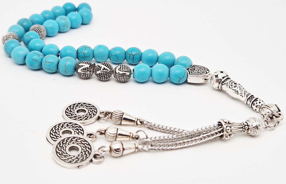 Handgemaakte naam tasbih 33 Kralen Natuursteen “ Turkoois” - met metaal tassel “Omarmen"- Met je naam of de naam van uw geliefde- 8 mm diameter van de korrel